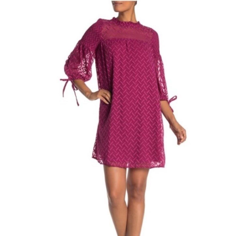 Susina Berry Pink Mock Neck Tie Quarter Sleeve Textured Chiffon Mini Dress